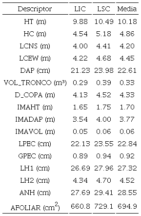 Valores medios e intervalos de confianza para las variables cuantitativas evaluadas en 83 individuos (edad de 5.3 a&ntilde;os) de Cavanillesia platanifolia (Zona Bananera, Magdalena). 