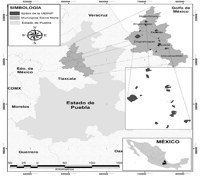 Ubicaci�n geogr�fica de la zona de estudio representada por 11 ejidos la regi�n Chignahuapan-Zacatl�n en Puebla, M�xico. 
