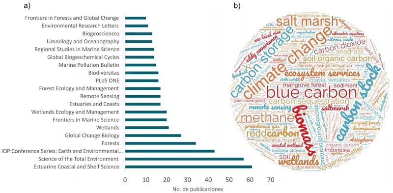 a) Revistas que contienen la mayor&iacute;a de las publicaciones sobre el ciclo del carbono en manglares. Se muestran las primeras 20. b) Nube de palabras clave de las publicaciones revisadas.