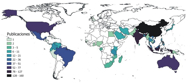 Distribuci&oacute;n geogr&aacute;fica de la ubicaci&oacute;n del sitio de estudio referido en las publicaciones revisadas (n = 988).