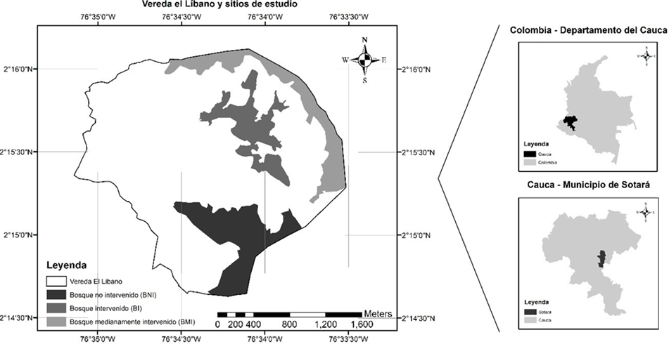 Mapa de la ubicaci�n de los bosques y potreros que conforman el �rea de estudio.