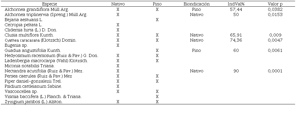 Comparaci�n de especies arb�reas y arbustivas registradas en parcelas de una plantaci�n de P. patula sin manejo y de un �rea de vegetaci�n secundaria (bosque nativo) en Antioquia, Colombia.