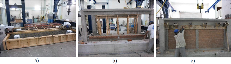 Construcci&oacute;n de los espec&iacute;menes, a) construcci&oacute;n de la cimentaci&oacute;n, b) construcci&oacute;n del esp&eacute;cimen, c) colado de la dala de cerramiento
