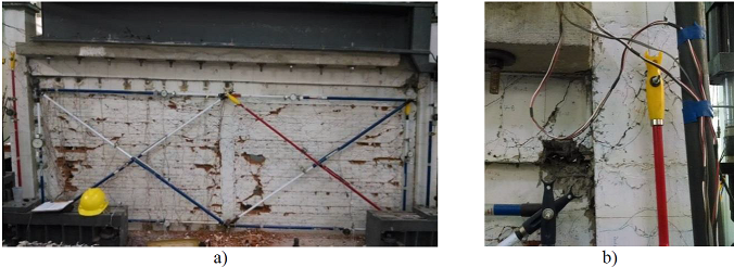 Patr&oacute;n de agrietamiento final del esp&eacute;cimen MD3NRH, a) agrietamiento en el muro, b) falla en la conexi&oacute;n viga-columna