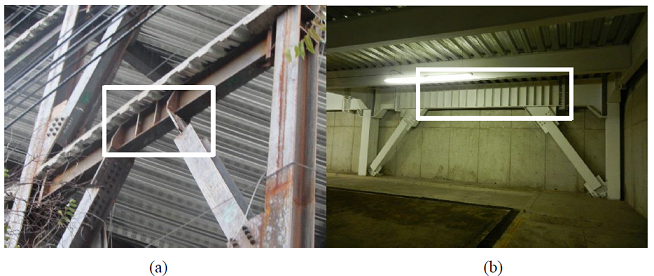 Ejemplos del uso de contraventeos exc&eacute;ntricos en M&eacute;xico con
							diferentes tipos de eslab&oacute;n (indicado en cuadro blanco, Fotos del primer
							autor): a) eslab&oacute;n corto, b) eslab&oacute;n largo