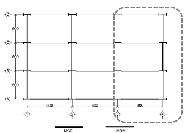 Planta estructural de los edificios en estudio (acotaci&oacute;n en
								cm)