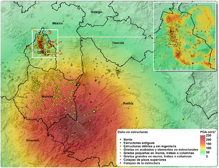 Mapa de intensidad (PGA) y de da&ntilde;os causados por el sismo del 19 de
							septiembre del 2017