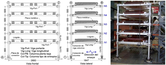 Edificio EM2: vista frontal, lateral e instrumentaci&oacute;n (cotas en mm) (Bland&oacute;n y Rodriguez, 2007) 