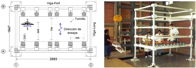 Edificio EM2: planta tipo y montaje del sistema de piso (cotas en mm) (Bland&oacute;n y Rodriguez, 2007)