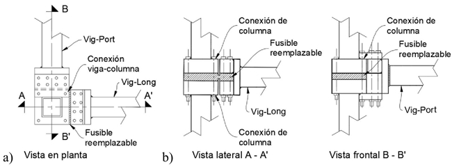Conexi&oacute;n viga-columna: a) Planta tipo de conexi&oacute;n de entrepiso, b) Vista lateral y frontal