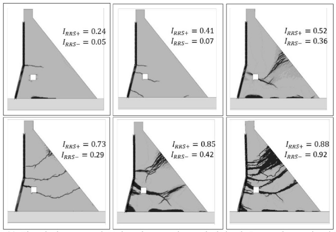 Ejemplo de patrones de agrietamiento y valores calculados de ISSR con base en los ciclos de hist&eacute;resis obtenidos con el modelo MEF2D