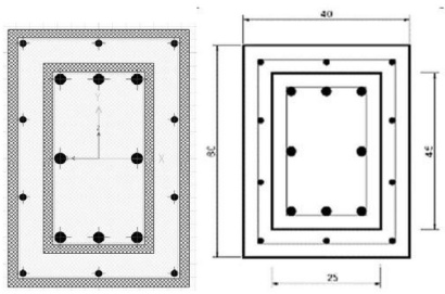 Columna analizada en SAP con concreto reforzado (cotas en cm)