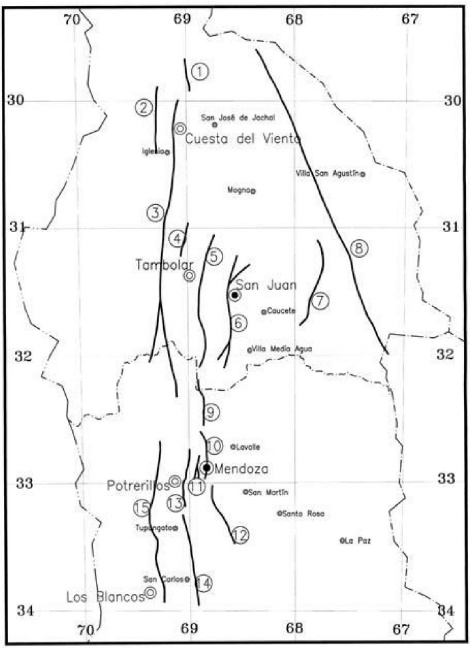 Ubicaci&oacute;n de fuentes sismog&eacute;nicas potenciales del centro-oeste argentino (Castano, 1992)