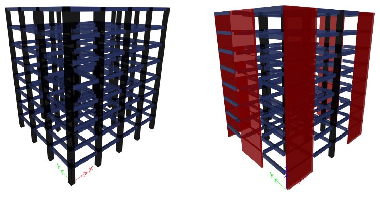 Modelos matem&aacute;ticos tridimensionales desarrollados en el software ETABS: Sistema convencional (izquierda) y Sistema Dual (derecha).