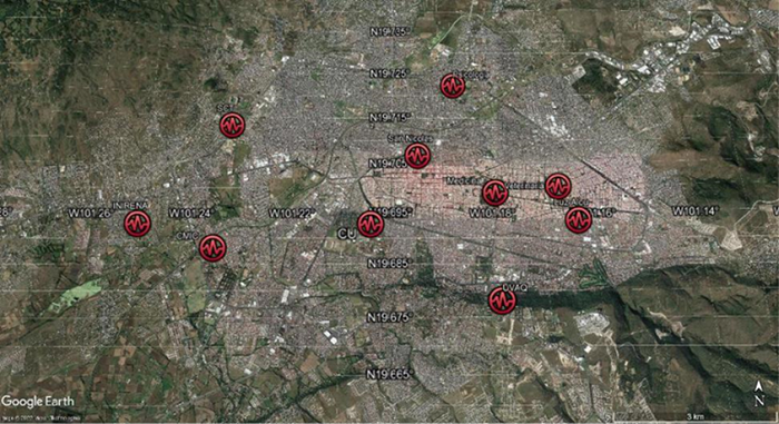 Localizaci&oacute;n de las estaciones de la Red S&iacute;smica Nicolaita en la ciudad de Morelia