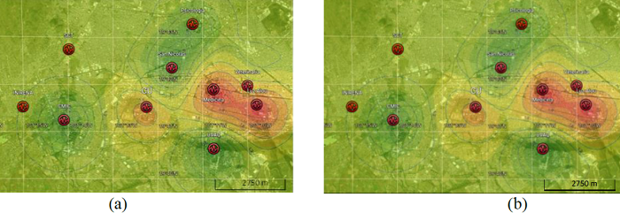 Aceleraci&oacute;n cuadr&aacute;tica m&aacute;xima del terreno de las componentes horizontales. (a) Temblor del 21 de enero de 2020 y (b) temblor del 3 de marzo de 2019