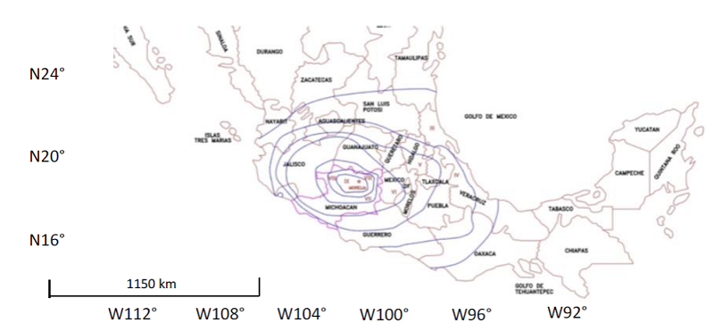 Isosistas de temblor de 1858 (adaptada de Su&aacute;rez, 1986)