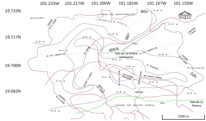 Mapa de isoperiodos de Morelia obtenidos con vibraci&oacute;n ambiental (Jara et al, 2012)