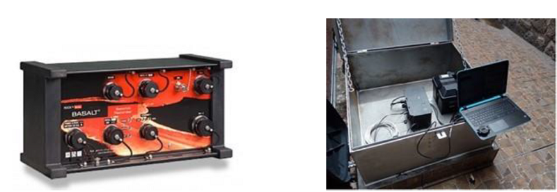 (a) Aceler&oacute;grafo BASALT, modelo 12000-04-PL y (b) estaci&oacute;n acelerom&eacute;trica de la Red S&iacute;smica Nicolaita