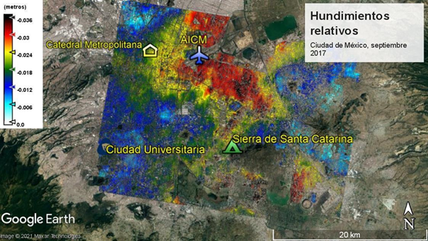 Hundimientos relativos (m/mes) en la Ciudad de México, septiembre 2017.