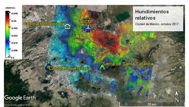 Hundimientos relativos (m/mes) en la Ciudad de México, octubre 2017.