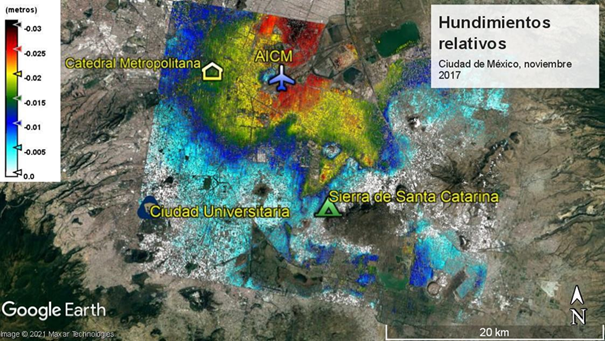 Hundimientos relativos (m/mes) en la Ciudad de México, noviembre 2017.