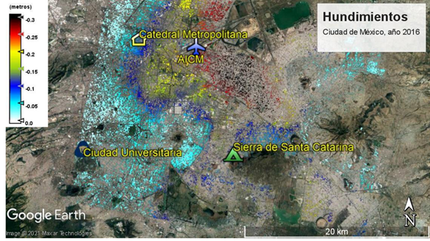 Hundimientos relativos (m/año) correspondientes al año 2016.