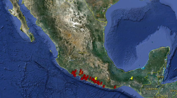 Epicentros de los sismos usados en el an&aacute;lisis
