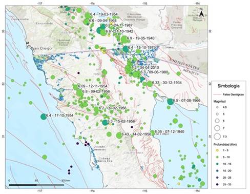 Mapa que muestra la sismicidad hist�rica (M &ge; 4.5) de las regiones norte de Baja California y sur de California durante los �ltimos 100 a�os. Este mapa se prepar� con base en el cat�logo del USGS. Se agregan anotaciones de los sismos m�s significativos como magnitud, d�a, mes y a�o de ocurrencia