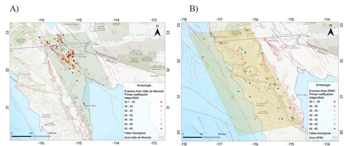 Mapas de sismicidad registrada por el SAST, dividida en dos pol�gonos, A) correspondiente a las SPBC y B) al VM
