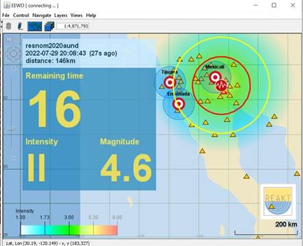 Software EEWD (Cauzzi et al., 2016) en el momento de recibir una alerta de sismo. En este caso se trata de un sismo ocurrido en la regi�n del Valle de Mexicali (magnitud preliminar de 4.6). Los c�rculos amarillo y rojo indican, respectivamente, el arribo de las ondas P y S a las ciudades de Ensenada y Tijuana. La informaci�n del recuadro superior izquierdo en el mapa, nos indica que en 16 segundos arribar� la onda S a la Ciudad de Ensenada, y que la intensidad esperada es de II (en Ensenada). Los c�rculos en color azul, alrededor de Tijuana, Ensenada y Mexicali representan la &ldquo;zona ciega&rdquo; donde el sistema no podr�a detectar y emitir una alerta para estas ciudades 