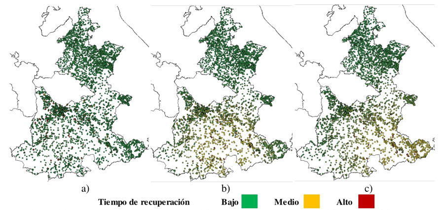 Mapas de tiempo de recuperación esperado para escuelas públicas
en Puebla expuestas a sismos fuertes de magnitudes a) M6.69, b)
M7.18, c) M7.66