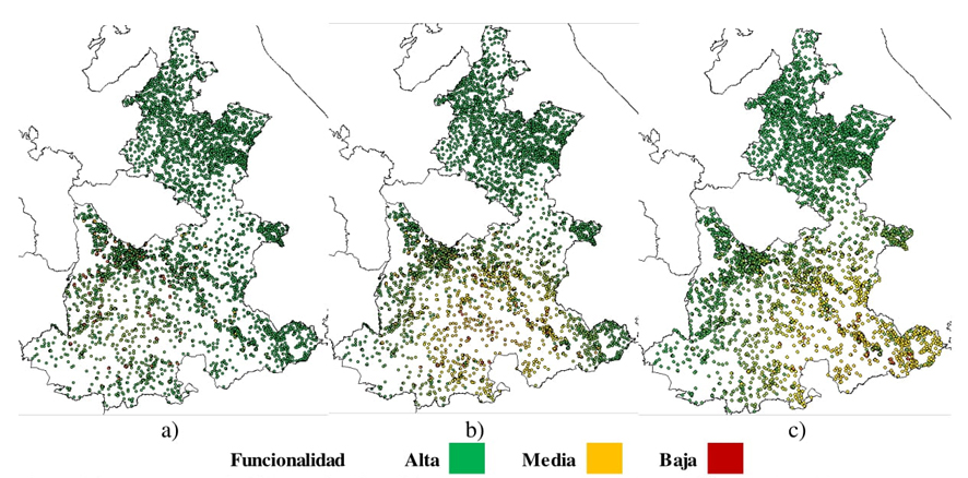 Mapas de pérdida de funcionalidad esperada para escuelas públicas
en Puebla expuestas a sismos fuertes de magnitudes a) M6.69, b)
M7.18, c) M7.66