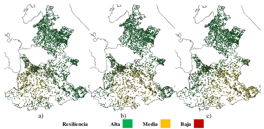 Mapas de resiliencia para escuelas públicas en Puebla expuestas a
sismos fuertes de magnitudes a) M6.69, b) M7.18, c) M7.66