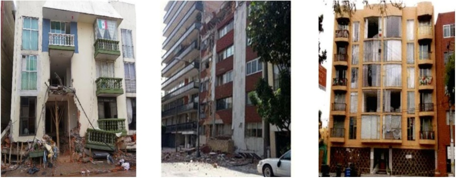 Ejemplos de fallas de piso blando superior en la Ciudad de México causadas por el evento sísmico Morelos-Puebla de Mw7.1 de 2017. a) Balsas 18, colonia Miravalle; (b) Patricio Sanz 37, colonia Del Valle Norte; y (c) Pacífico 223, colonia Puebla de los Reyes