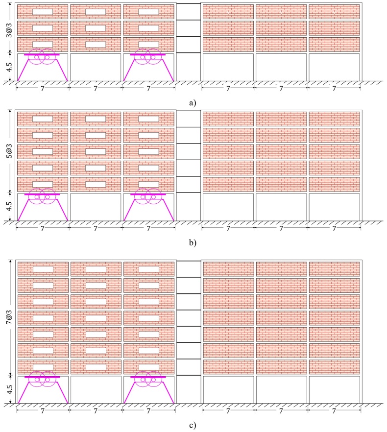Vista en alzado de los edificios del primer piso débil provistos de amortiguadores de inercia con embrague en el nivel del suelo con 4 pisos (a), 6 pisos (b) y 8 pisos (c). Los muros de mampostería de relleno con y sin aberturas corresponden a muros exteriores e interiores, respectivamente.