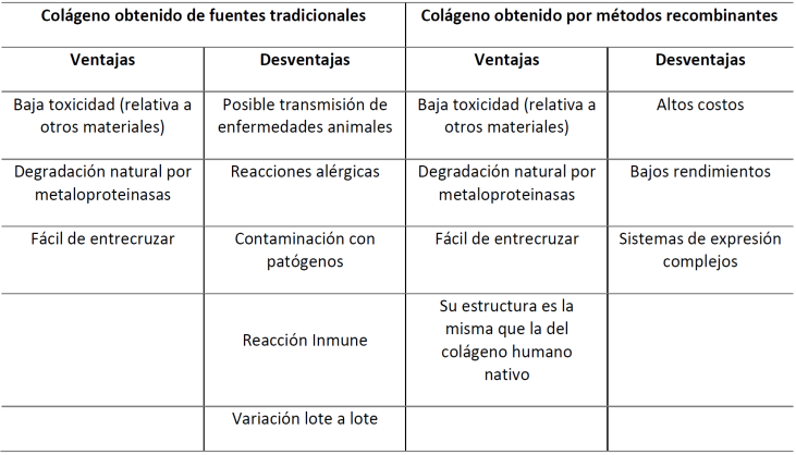 Comparación con el colágeno obtenido de fuentes tradicionales y el colágeno obtenido por métodos recombinantes.