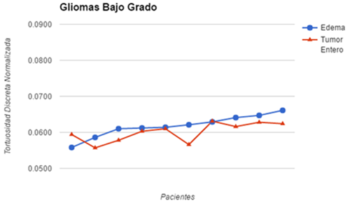 Valores de tortuosidad discreta normalizada obtenidos para cada uno de los pacientes que presentaron gliomas de bajo grado.