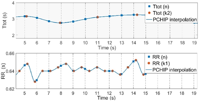 RR (n) and Ttot (n) time series calculated from the synchronized sampling of the interpolated original time series RR (k1) and Ttot (k2). Sampled values are shown in blue squares. Sampling frequency 1-Hz.