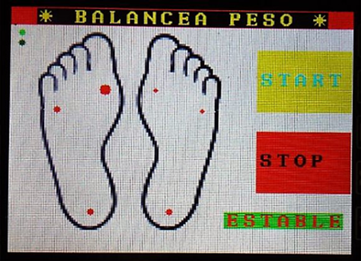 Pantalla touch del sistema donde se muestran los botones de inicio y paro de medici&oacute;n, magnitud de la fuerza aplicada a cada sensor y el estado de estabilidad o no.