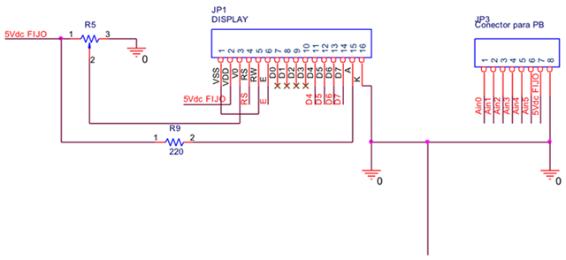 Salidas digitales para la pantalla y entradas anal&oacute;gicas para los botones.
