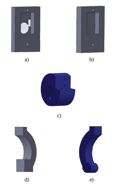 Piezas dise&ntilde;adas en SolidWorks: (a) carcasa superior de la base de la pr&oacute;tesis, (b) carcasa inferior de la base de la pr&oacute;tesis, (c) palma de la mano, (d) dedo fijo, (e) dedo m&oacute;vil.