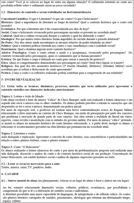 Planejamento de trabalho docente-discente elaborado pelos professores