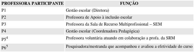 – Identificação e função das professoras participantes