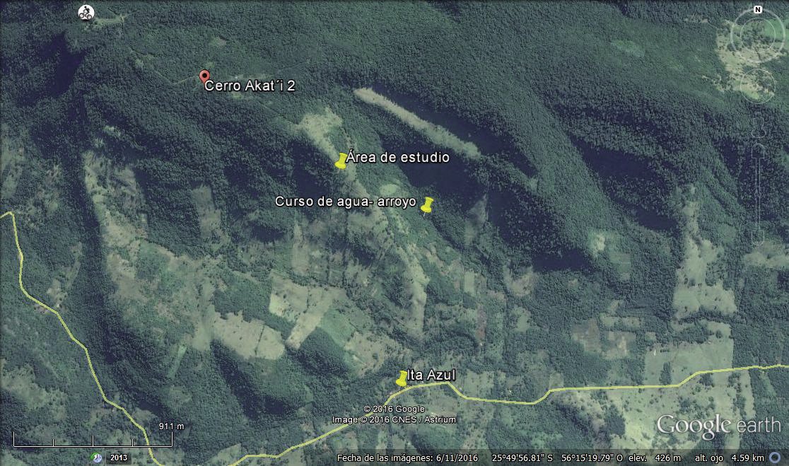Fig. 1. Ubicaci&oacute;n del cerro Acat&iacute; 2 en la cordillera de Ybytyruz&uacute;. 