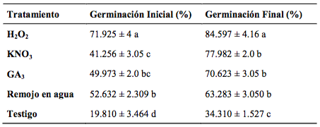 Cuadro 1. Germinaci&oacute;n de semillas de Calyptrogyne ghiesbreghtiana bajo 
			diferentes tratamientos en condiciones de vivero.