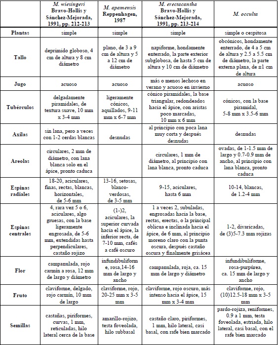 Comparación entre Mammillaria wiesingeri, M. apamensis, M, erectacantha y M. occulta.