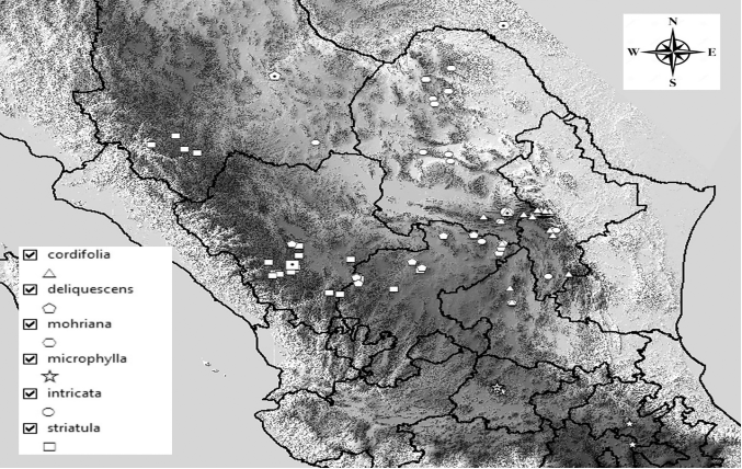 Posici&oacute;n geogr&aacute;fica de las localidades de procedencia del material analizado. Marcas con punto: posici&oacute;n de espec&iacute;menes tipo. Marcas sin punto: posici&oacute;n de otros espec&iacute;menes y lugares de recolecta. La marca del tipo de Q. cordifolia oculta la del tipo de Q. intricata