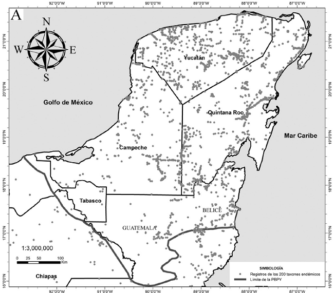 Colecciones, áreas naturales protegidas y lugares de especial atención en la PBPY, México. A. Distribución de los registros de herbario de la flora endémica (línea azul, límite de la PBPY). B Áreas naturales protegidas. C. Lugares de especial atención en la PBPY por su baja densidad de colección botánica y/o especial interés biológico. 1) Candelaria (SO de Campeche; 2) Tuxpeña (SO de Campeche; 3) Laguna de Términos (SO de Campeche); 4) Calichal al norte de la ciudad de Mérida y extendiéndose en una estrecha franja hasta el NE de Yucatán (N Yucatán); 5) Sabana del Jaguactal (SO Quintana Roo); 6) Punta Herrero, Mahahual-Xlacak (SO de Quintana Roo); 7) Punto Put (límites entre los estados de la PY). (Elaborado con ESRI, 2010) 