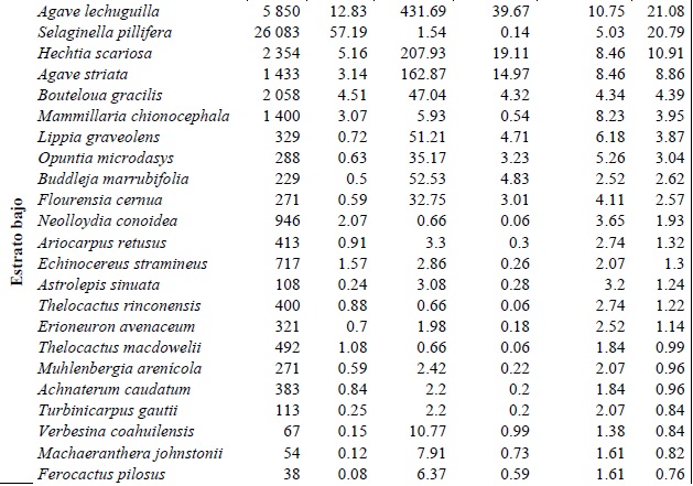 Par&aacute;metros estructurales de las especies del estrato alto y bajo. La abundancia (N&uacute;mero de individuos N/ha) y la dominancia (en m2/ha). IVI = &Iacute;ndice de Valor de Importancia. (Las especies est&aacute;n ordenadas en cada estrato en forma descendente seg&uacute;n su valor de importancia).